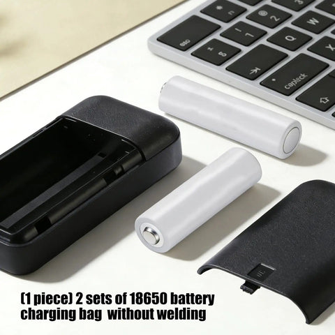 Built Different 18650 Battery Box For Two Flat Top Cells featuring black plastic casing and two flat top 18650 batteries.
