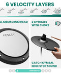FED150 Electronic Drum Set For Beginners with quiet mesh drum head and two cymbals with choke in action, 6 velocity layers diagram