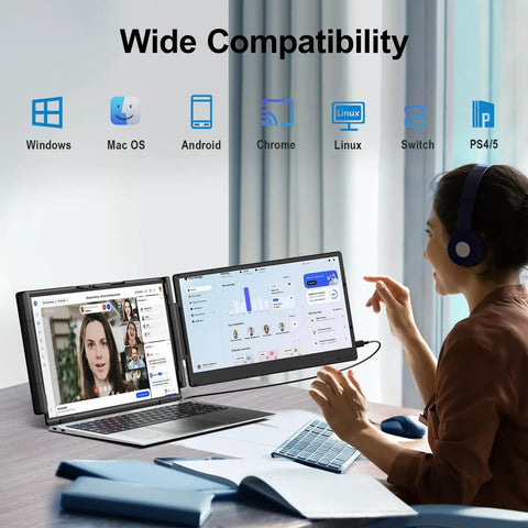 Person using Dual Monitor Laptop Extender 14.2 Inch FHD 1080p Portable Monitor for Laptop With Plug and Play Setup Auto Adjust Width