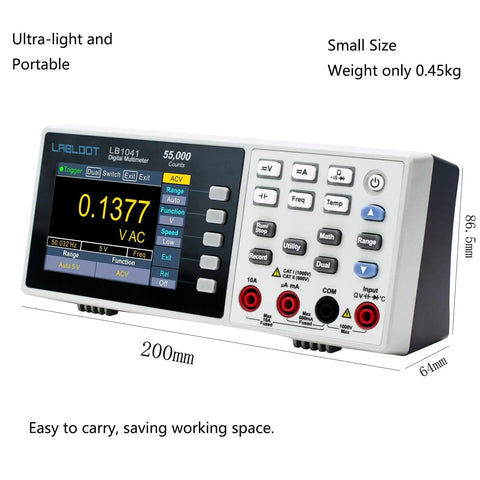 Workhorse Bench Digital Multimeter With 55000 Counts featuring compact design and backlit 3.5 inch TFT display, shown from side angle.