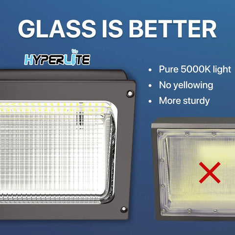 Go-To 120W LED Wall Pack Light With Dusk To Dawn Photocell Glass Lens Glare Free Security Flood Outdoor Fixture shown in close-up view.