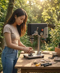 This nifty mini bench drill press is a total game changer for your garage workshop in a garden setting with a user.