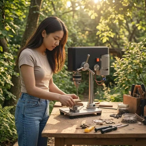 MotiveTech Mini Bench Drill Press Small Size Mini Benchtop Power Tool in outdoor workshop with woman crafting.