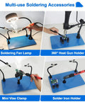 Magnetic Helping Hands Soldering Third Hand Tools With Pro Grade Lighted Solder Fume Extractor And Vise Clamp PCB Holder Hot Air Gun Holder For Electronics Repair Workstation, showing various uses including soldering fan lamp and heat gun holder.
