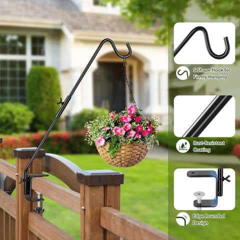 Heavy Duty 20 Inch Deck Hook With Swivel Wing Nut Design For Hummingbird Feeders rust proof black metal s hook holding a hanging plant