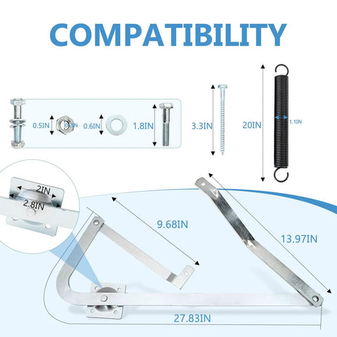 55-2 Attic Ladder Hinge Arms With Springs No Fuss Replacement Kit dimensions and compatibility chart showing parts sizes