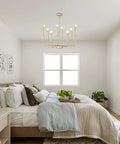 Bedroom with Totally Chic Modern Farmhouse Gold 8 Light Chandelier For Dining Room And Living Spaces, candle-style bulbs, ceiling view.
