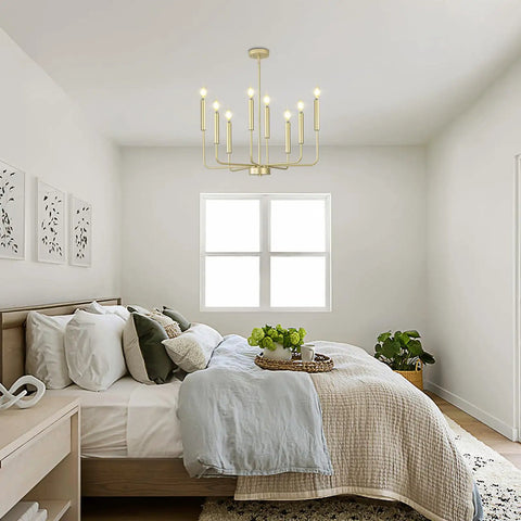 Bedroom with Totally Chic Modern Farmhouse Gold 8 Light Chandelier For Dining Room And Living Spaces, candle-style bulbs, ceiling view.