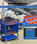 Blue Classic Mobile CNC Tool Storage Cart With Wheels For CAT40 CNC Tool Holders And Machining Centers, in warehouse setting