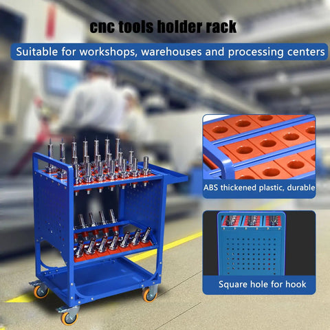Blue Classic Mobile CNC Tool Storage Cart With Wheels For CAT40 CNC Tool Holders And Machining Centers, in warehouse setting
