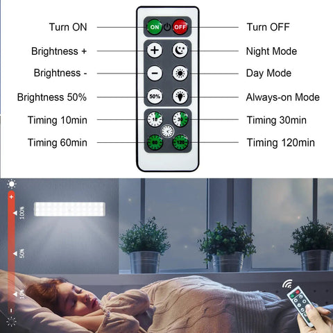 Remote control features for Closet Lights With Charging Station 36 LED Rechargeable Dimmable Motion Sensor Kit For Cabinets.
