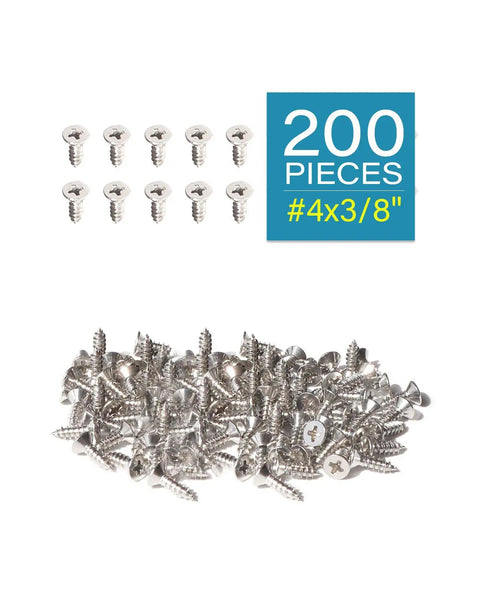 Premium 18-8 304 Stainless Steel Wood Screws 200 Pack Flat Head Phillips Self Tapping Fasteners with 3/8 inch length.