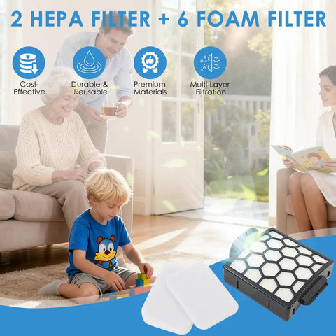 Living room scene showing Premium 3-In-1 Vacuum Filter Replacement Kit For Navigator Rotator Pet Pro Upright Vacuums with filters and family.