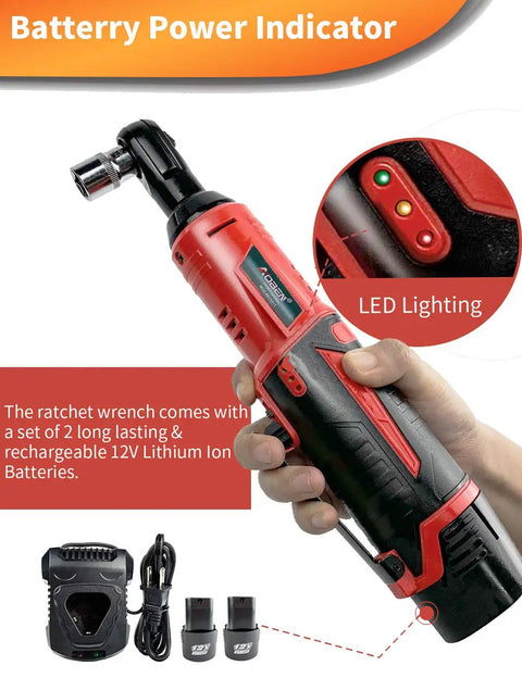 Cordless Electric Ratchet Wrench Set With Three Eighths Inch Drive 12 Volt Power Ratchet Kit With Dual 2000 mAh Batteries And Charger Solid Torque For Quick Bolts And Nuts