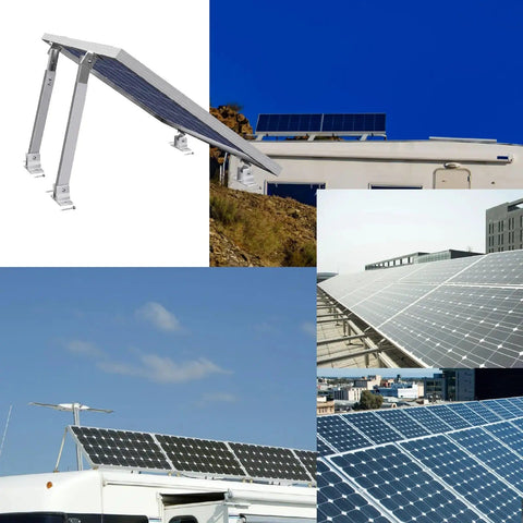 Adjustable Solar Panel Tilt Mount Brackets For RVs And Roofs 15 To 30 Degree Tilt shown in different installations.