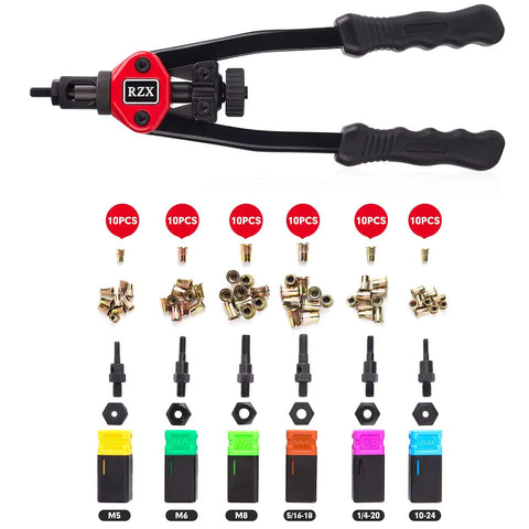 Pro Grade 13 Inch Rivet Nut Tool Kit With 60 Rivnuts And 6 Mandrels shown with ergonomic handles and accessories