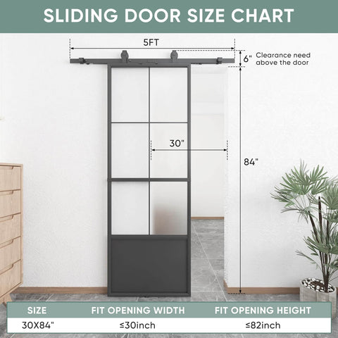 30 Inch By 84 Inch Frosted Tempered Glass Sliding Barn Door With Pre Drilled Carbon Steel Frame Includes 5ft Hardware Kit And Soft Close Mechanism No Fuss Easy DIY Install Space Saving Modern Door Panel For Homes And Apartments installed view