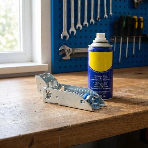 Beefy Sturdy Refrigerator Hinges With Thick Spring Loaded Design And Three Mounting Holes on wooden workbench with tools in background