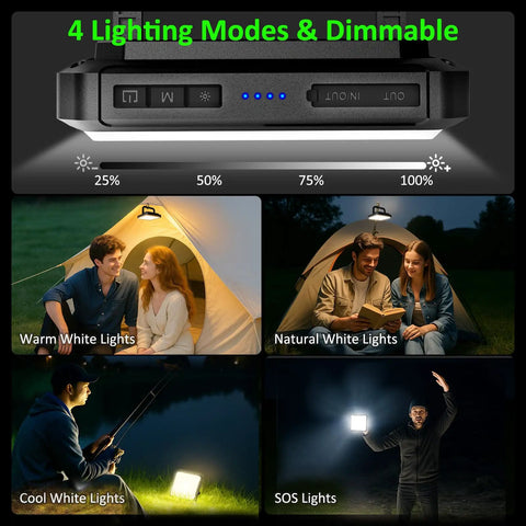 Rechargeable 20000mAh LED Camping Lantern With 1300 Lumen Brightness, dimmable lighting modes shown in various outdoor setups