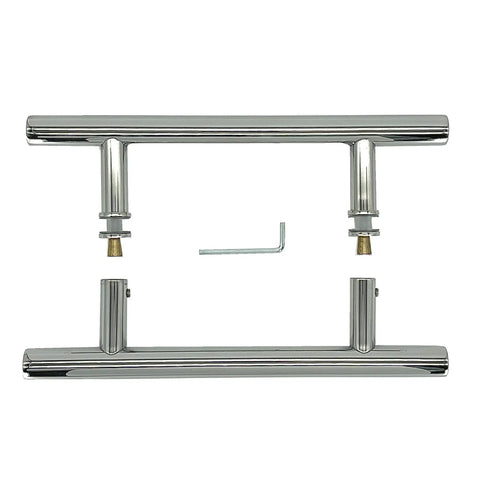 Slick Chrome 6 Inch And 8 Inch Ladder Style Pull Handles Three Quarter Inch Diameter Durable Cabinet And Drawer Hardware With Stock Finishes Plus Custom Finish Options, pictured with installation screws and hex key