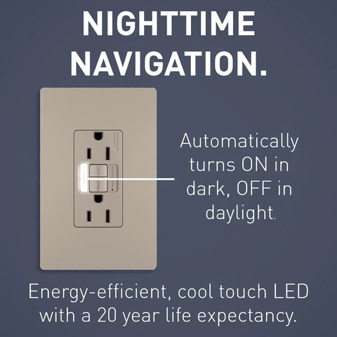 Radiant 15 Amp Night Light GFCI Self Test Tamper Resistant Decorator Duplex Electrical Wall Outlet Nickel Finish LED
