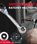 Mini wrench and ratchet in use, part of 58 Piece Screwdriver Bit Set With Impact Bits, Mini Wrench, Step Drill, 1 Quarter Inch Socket Adapter