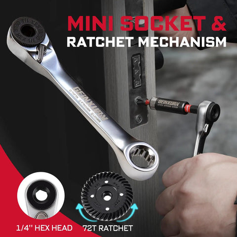 Mini wrench and ratchet in use, part of 58 Piece Screwdriver Bit Set With Impact Bits, Mini Wrench, Step Drill, 1 Quarter Inch Socket Adapter