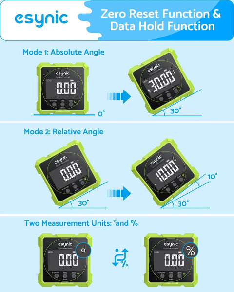 Heavy Duty Digital Angle Finder With Waterproof Magnetic Inclinometer And Type C Fast Charge For Built Tough Construction Projects And Hvac Fixes On The Fly Featuring Crisp Lcd Screen showing different measurement modes and functions.
