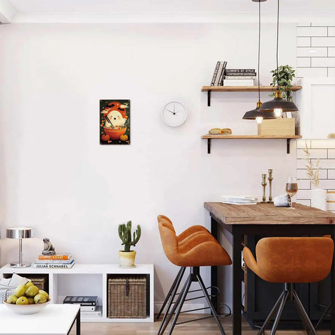 Decorated kitchen with 8x12 Funny Vintage Halloween Ghost Ramen Bowl Metal Sign on wall, adding charm and retro vibe.