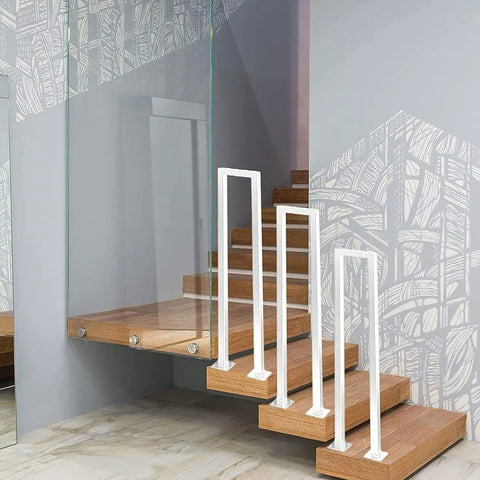 Rock Solid White Wrought Iron Handrail U Shaped Guardrail Wall Mounted Indoor Outdoor Stair Support Bar Heavy Duty Anti Rust Safety Railing Built Like A Tank For Villa And Loft on wooden staircase with glass panel.