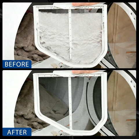 Before and after lint trap cleaning with Pro Grade Four Piece Dryer Vent Cleaning Kit With Flexible Vacuum Hose Lint Brush Crevice Tool