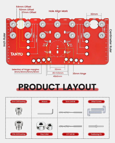 Diagram of Two In One Shelf Pin And Hinge Jig With Adjustable Quarter Inch Drilling Guides, showing layout and parts