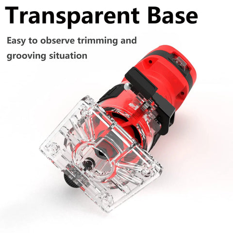 Compact Palm Wood Router Kit with 32000 RPM power, transparent base, quick release lock system, dust proof switch visible