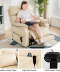 Cozy Dual Motor Electric Lift Recliner Chair With Lumbar Heating And Massage For Seniors, showing a person reading with USB ports.