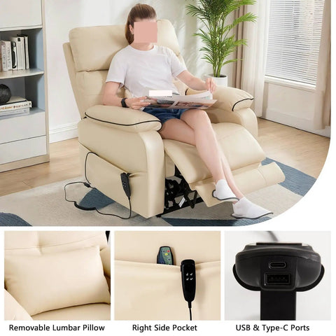 Cozy Dual Motor Electric Lift Recliner Chair With Lumbar Heating And Massage For Seniors, showing a person reading with USB ports.