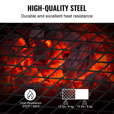 Close-up of Foldable Campfire Grill With Legs Heavy Duty Steel Mesh Grate 22.4 Inch Portable Open Flame Grilling Rack over fire pit