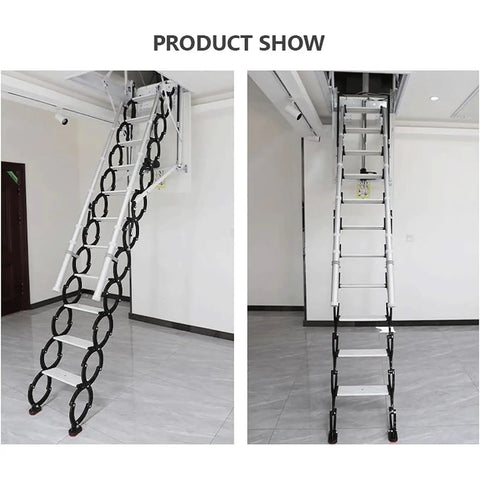 Heavy Duty Electric Attic Ladder With Smooth Remote Control Pull Down Loft Stairs Telescope Retractable Ceiling Staircase, side view.