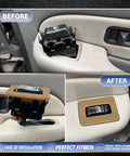 Rear Power Window Switch Trim Replacement For Escalade, Avalanche, Silverado, Tahoe, Sierra, Yukon Driver And Passenger Side Bezel Cap Cover 2000-2002 Beige, showing installation before and after on a vehicle door panel.