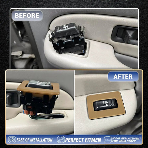 Rear Power Window Switch Trim Replacement For Escalade, Avalanche, Silverado, Tahoe, Sierra, Yukon Driver And Passenger Side Bezel Cap Cover 2000-2002 Beige, showing installation before and after on a vehicle door panel.