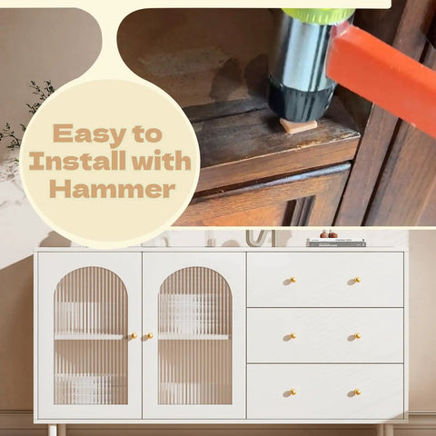 30 Pack L Shape Tack In Drawer Buffer Stops And Slide Stoppers With Anti Rust Nails shown being installed into wood with a hammer