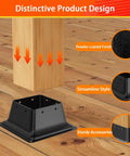 Heavy Duty 4x4 Post Base Set 10 Pack Internal 3.58x3.58 Inch Steel Brackets Tough As Nails Powder Coated Black Fits Standard Wood Posts Deck Porch Handrail Railing Support Rust Resistant Easy Install Durable Post Anchor with streamlined design and sturdy accessories, shown on wooden floor.