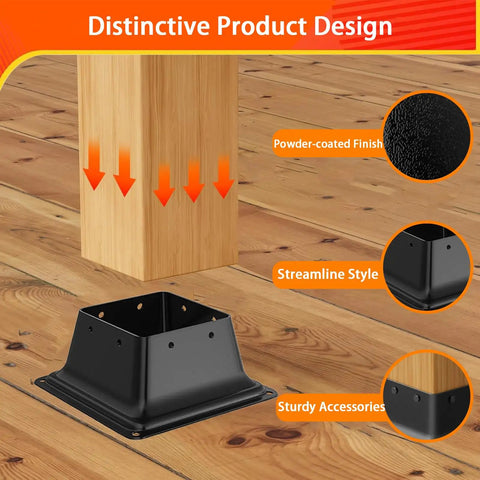 Heavy Duty 4x4 Post Base Set 10 Pack Internal 3.58x3.58 Inch Steel Brackets Tough As Nails Powder Coated Black Fits Standard Wood Posts Deck Porch Handrail Railing Support Rust Resistant Easy Install Durable Post Anchor with streamlined design and sturdy accessories, shown on wooden floor.