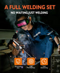 Handheld Arc Welder With Auto Darkening Goggles in use, Portable 110V Welding Machine, creating clean welds, lightweight for home projects.