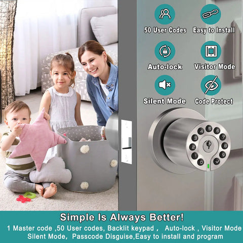 Keypad Door Knob With Key And Keyless Entry Lock Auto Lock 50 User Codes Master Code 4 To 15 Digit Access Backlit Keypad in home