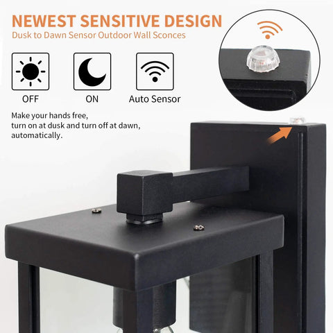 Dusk To Dawn Outdoor Wall Lantern Fixture Set Of 2 With IC Sensor Matte Black Exterior Wall Mount Porch Lights close-up