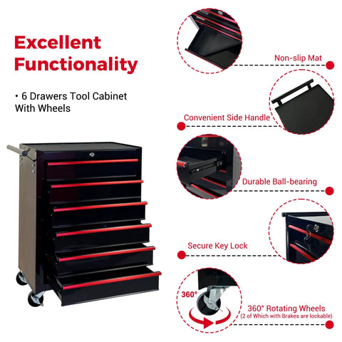 Heavy Duty Rollin Tool Chest With Six Slick Ball Bearing Glides And Scratch Proof Steel Worktop Featuring Locked Swivel Casters For Easy Shop Or Job Site Haulin In Tough Black Powder Coat side view with six drawers and wheels.