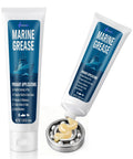 Two white marine grease tubes with blue label reading Marine Grease, 200 ml each, for boat bearings and propeller shafts.
