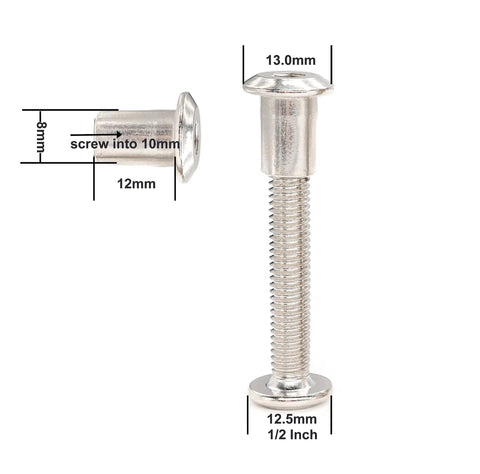 Top Shelf Furniture Hardware Kit With M6 Hex Socket Bolts And Barrel Dowel Nuts For Wood Bookcase And Bed Frames Includes Allen Wrench Plus Heavy Duty Silver Fasteners Guaranteeing Zero Hassle Assembly Always, showing metal bolt with dimensions.