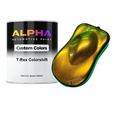 High Definition Automotive Colorshift Paint Basecoat And Midcoat Gallon Kit Ready To Spray In Minutes With Compatible Medium Reducer, quart can with T-Rex Color shifting sample.