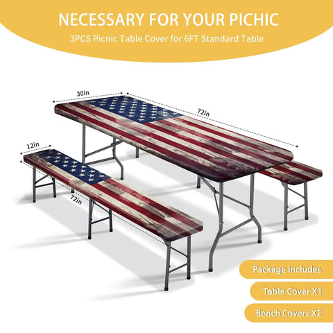 Picnic Table Cover Set With Bench Covers For 6 Ft Tables, Retro American Flag design, waterproof, three piece kit display